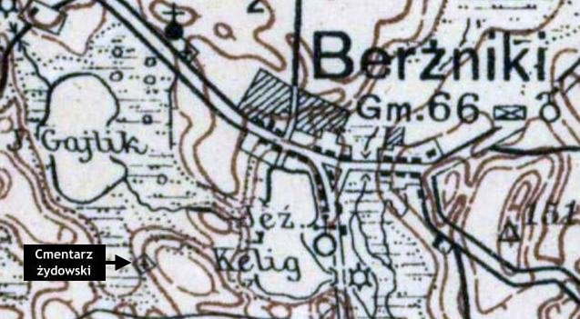 Mapa okolic Bernik z zaznaczonym cmentarzem ydowskim. rdo: Archiwum Map Wojskowego Instytutu Geograficznego