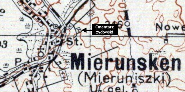 Plan Mieruniszek z 1931 r. z zaznaczeniem cmentarza ydowskiego. rdo: Archiwum Map Wojskowego Instytutu Geograficznego 1919 - 1939