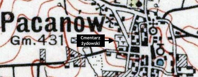 Lokalizacja cmentarza ydowskiego w Pacanowie na planie z 1938 r. (rdo: www.mapywig.org)
