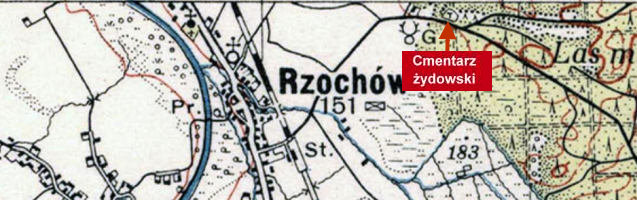 Lokalizacja cmentarza ydowskiego w Rzochowie na mapie Wojskowego Instytutu Geograficznego z 1938 roku