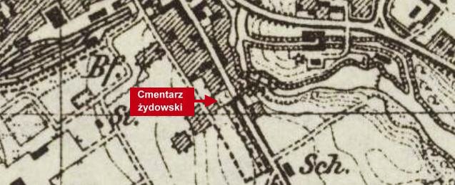 Fragment planu Spopola (niem. Schippenbeil) z 1944 r. z zaznaczeniem cmentarza ydowskiego