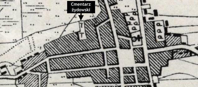 Plan Wolbromia z 1935 r. z zaznaczonym najstarszym cmentarzem ydowskim.
