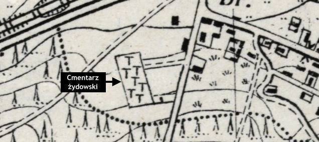 Plan Wolbromia z 1935 r. z zaznaczonym nowym cmentarzem ydowskim. rdo: Archiwum Map Wojskowego Instytutu Geograficznego 1919-1939.